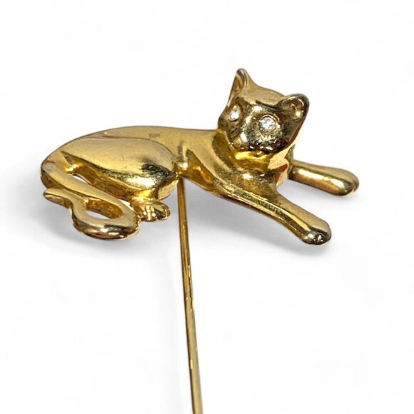 Vintage Gold-Tone Cat Themed Hat Pin With Clear Crystal Rhinestone Eyes 2" - Picture 5 of 6